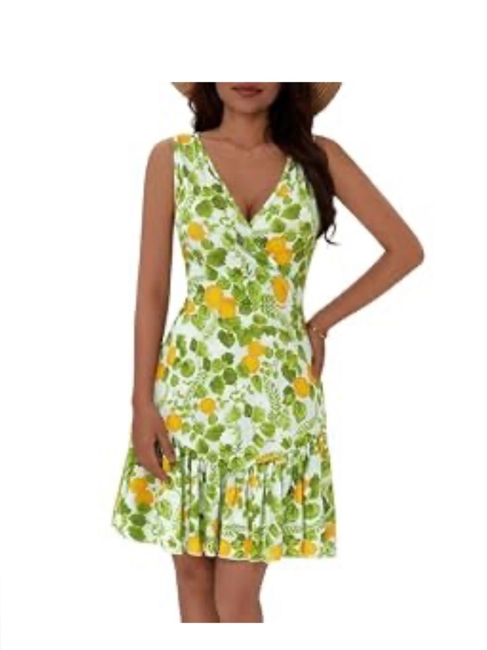FENSACE Sleeveless Green & Yellow Floral V-Neck Summer Dress